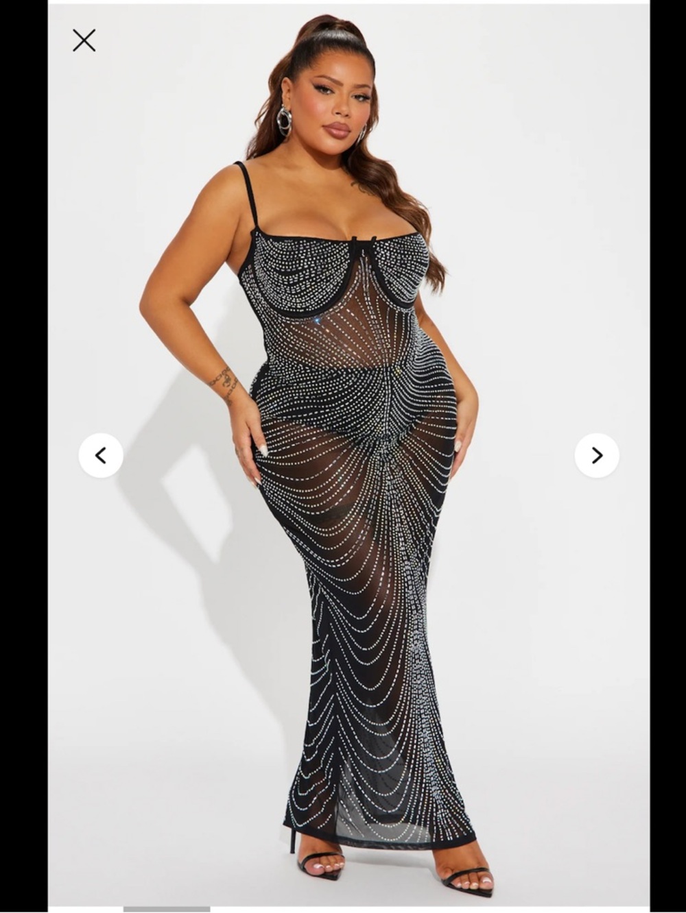Fashion Nova Black Mesh Maxi Dress with Silver Rhinestones